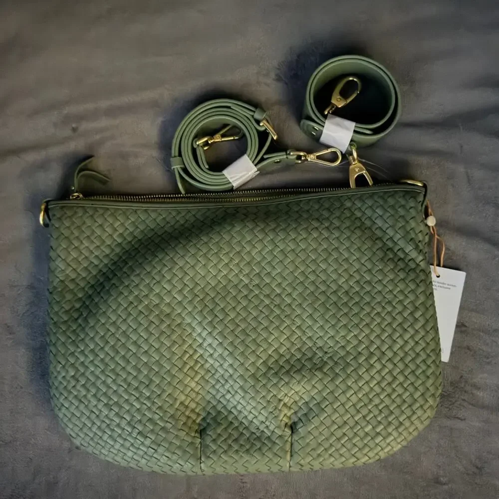 Quince Italian Leather Convertible Crescent Handwoven Shoulder Bag Sage NWT